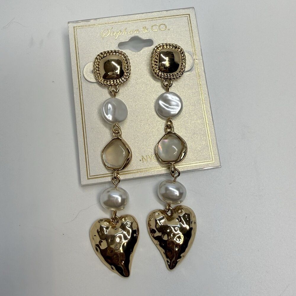 Stephon & CO Faux Pearl Gold Tone Heart Dangle Earrings New